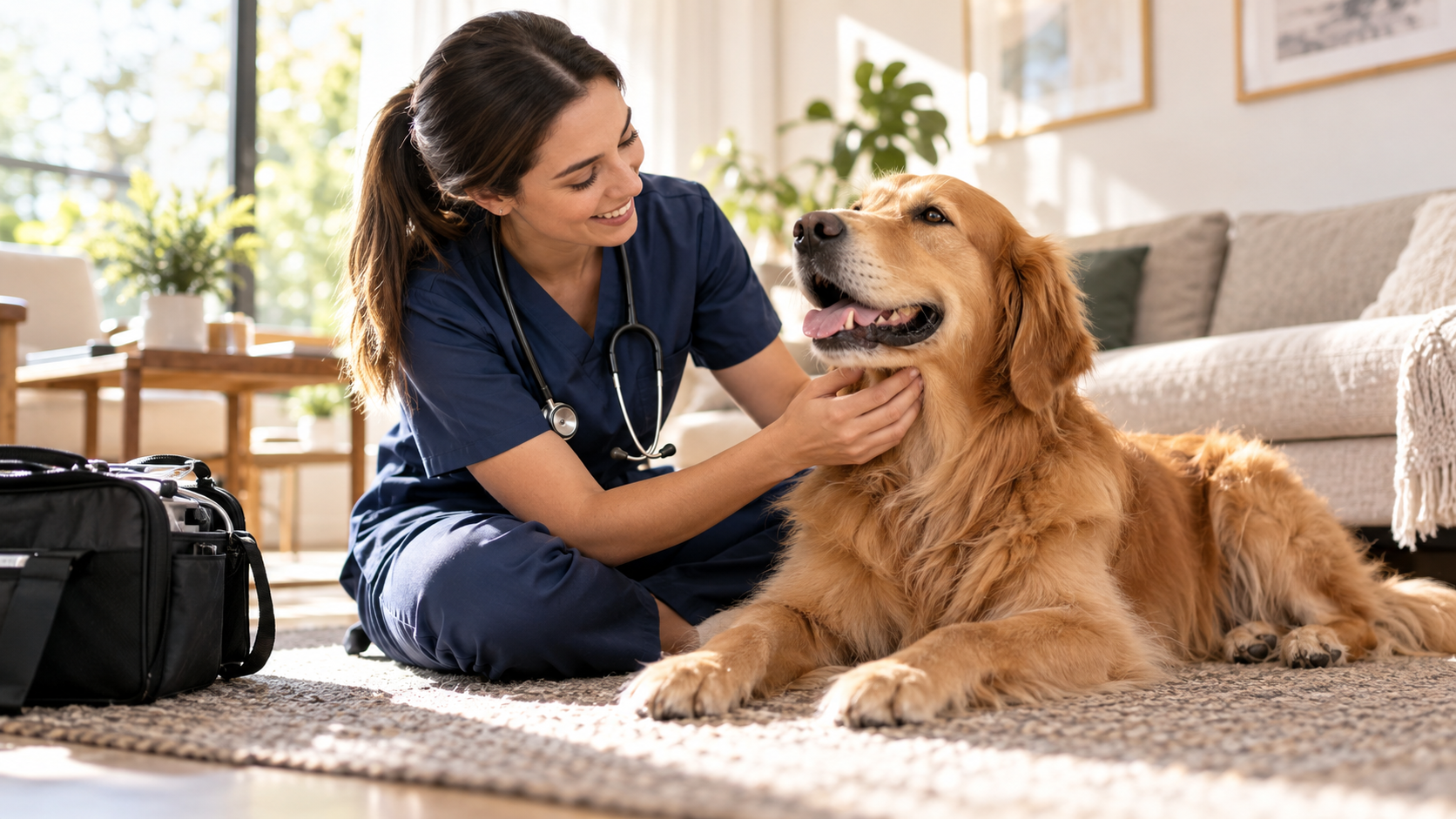 Veterinaria atendiendo a domicilio con su paciente